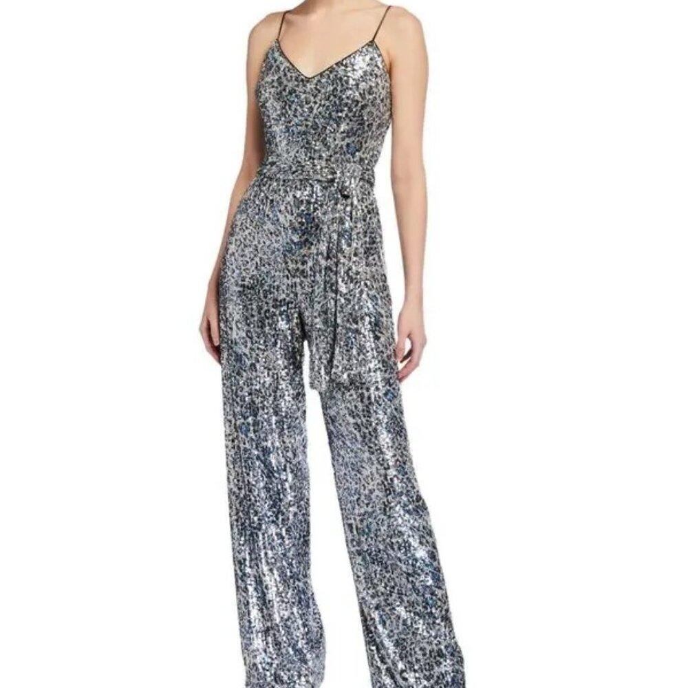 Black Halo Bracy Leopard Print Sequin Jumpsuit - NWT